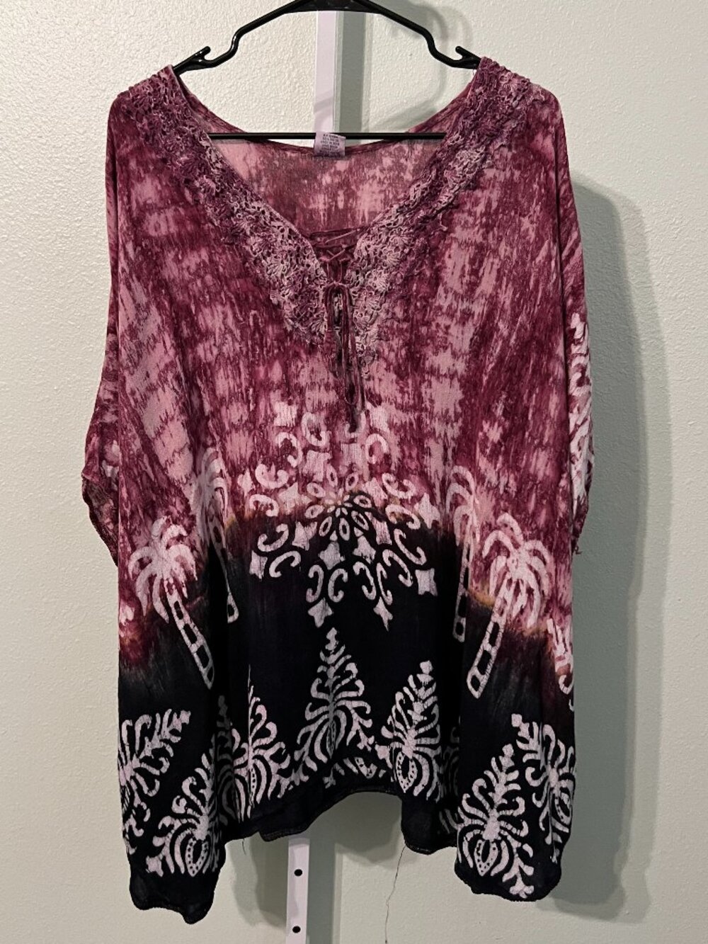 Shoreline Maroon & Black Lace-Up Neckline Sheer Light Tropical Poncho SZ 2XL